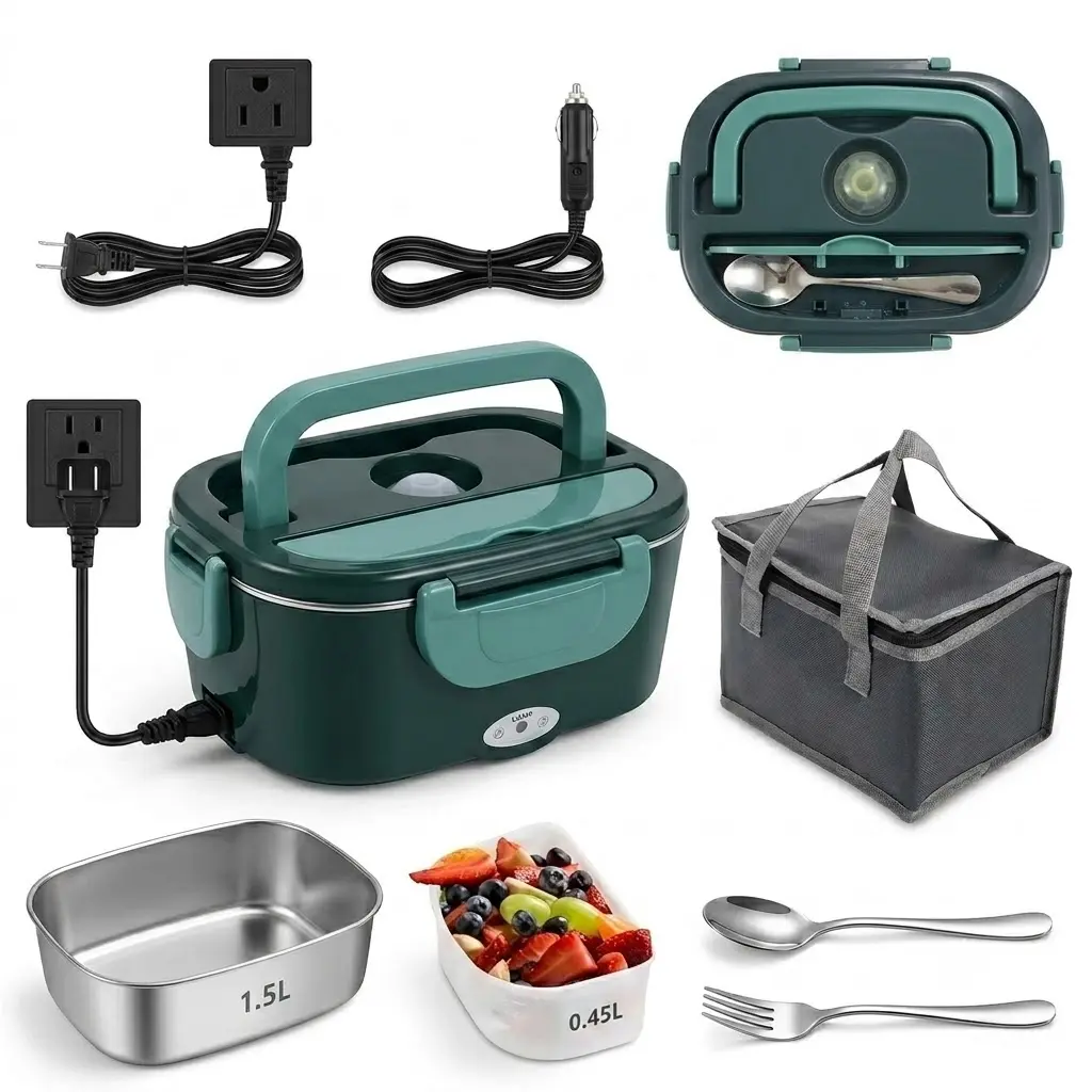 Nextqube Electric Lunch Box Food Heater, 80W Portable Warmer for Car Truck Work with 304 Stainless Steel Container, 12V/24V/110V Green Heated Lunch Box Suitable for Ideal Driver/Work/Gift