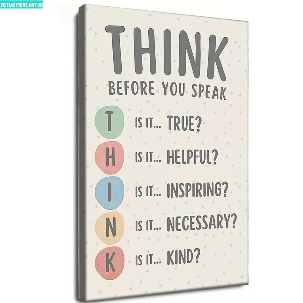 Framed cute pastel canvas wall art print with inspirational THINK acronym quote, positive mindset aesthetic sign, hanging artwork for kids room, nursery, playroom and school counselor office decor unique art decoration