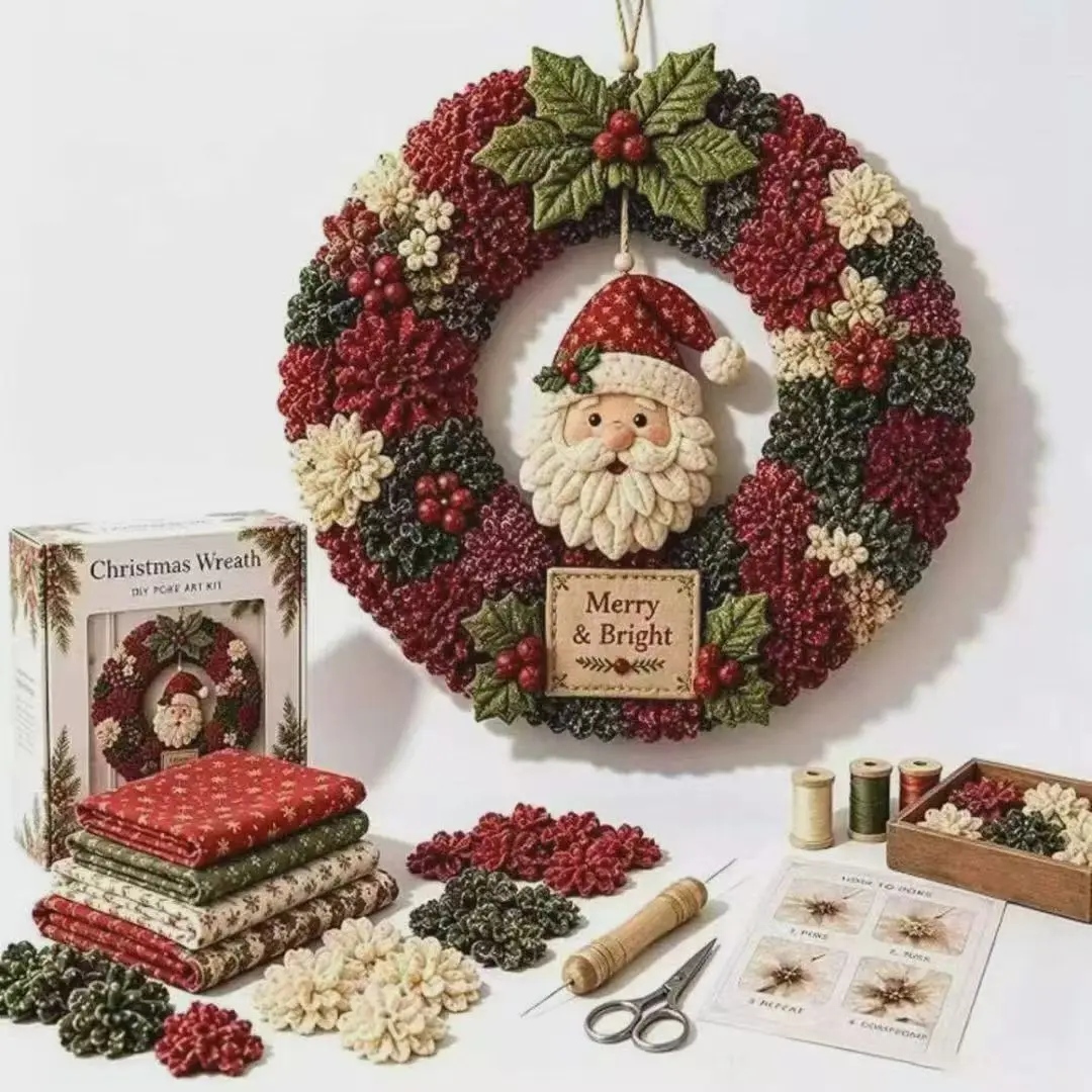 Large Size Cross-Border New Fabric Poke Wreath DIY Kit, Christmas Santa Claus Wreath, Craft Supplies, Holiday Decorations