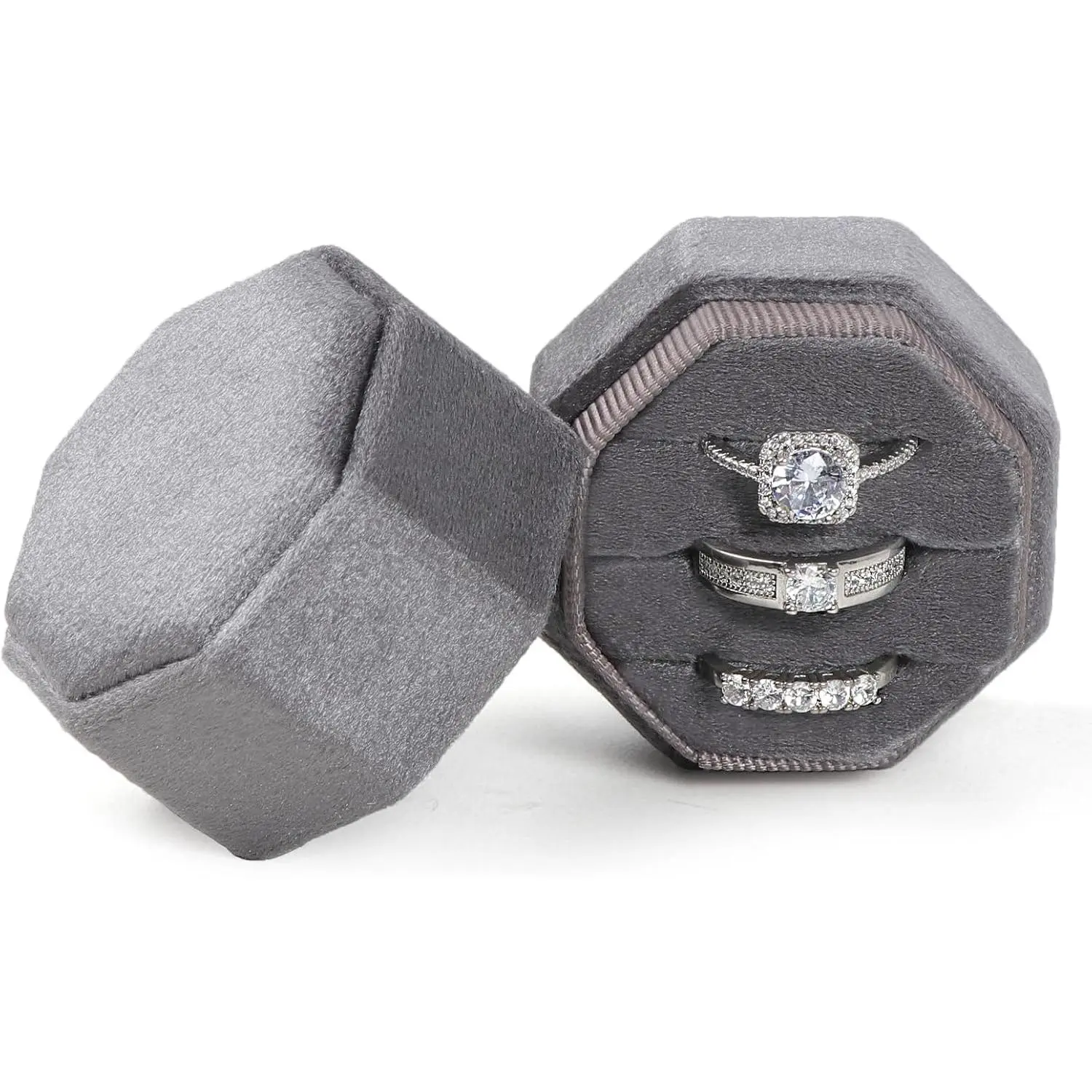 Ring Box, 3 Slots Wedding Ring Box,  Octagon   Display Holder  Box with Detachable Lid for Engagement Wedding Box  Box Bridal Photo