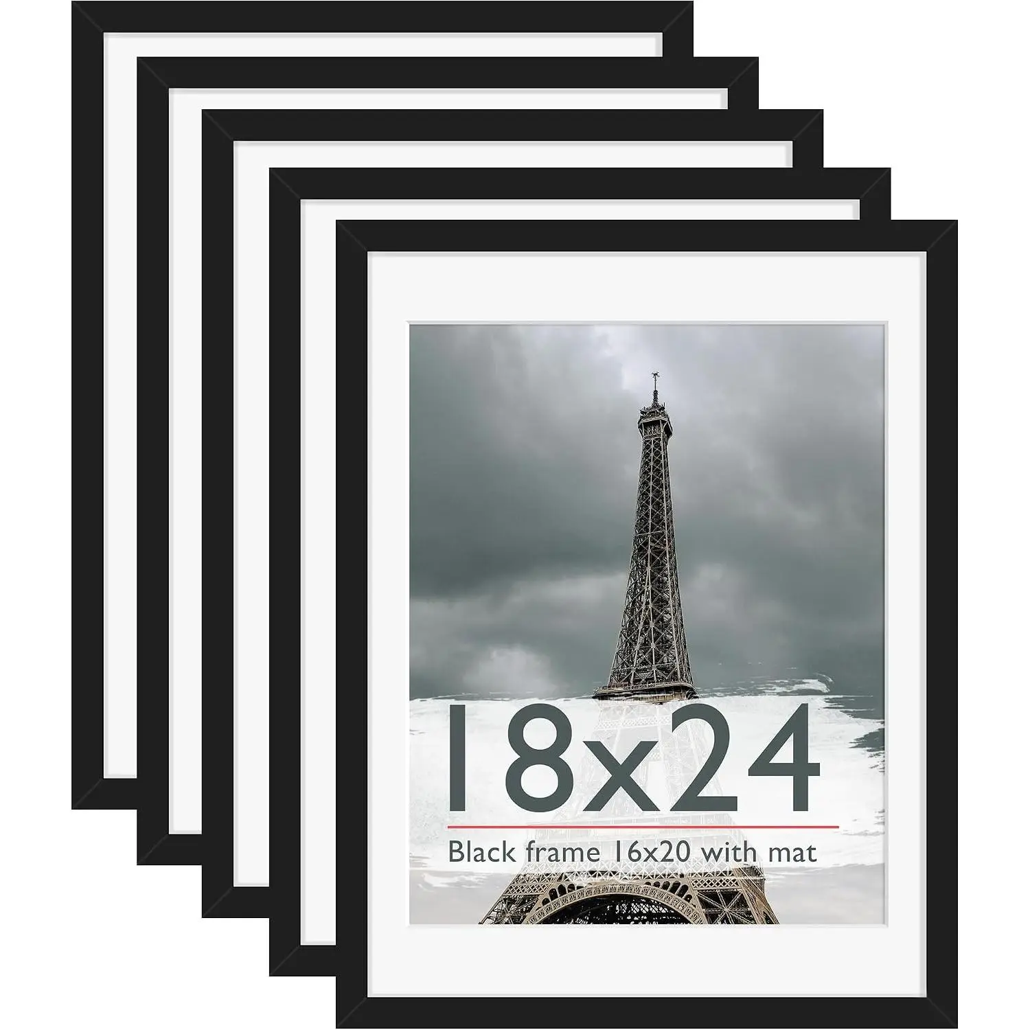 18x24 Frame Black 5 Pack, for Horizontal or Vertical Wall Mounting |   Display Pictures 16x20 with Mat or 18 x 24 without Mat with HD Plexiglass Durable and Scratch-proof