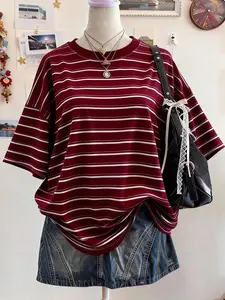 TikTok Viral Women's Oversized Striped T-Shirt, 2026 Trendy Brown Blue White Color Block Crewneck Short Sleeve Tee, Casual Loose Fit Basic Top, Minimalist Aesthetic Streetwear, Perfect for Daily Wear, Office, Coffee Run & Casual Outings, Versatile Summer