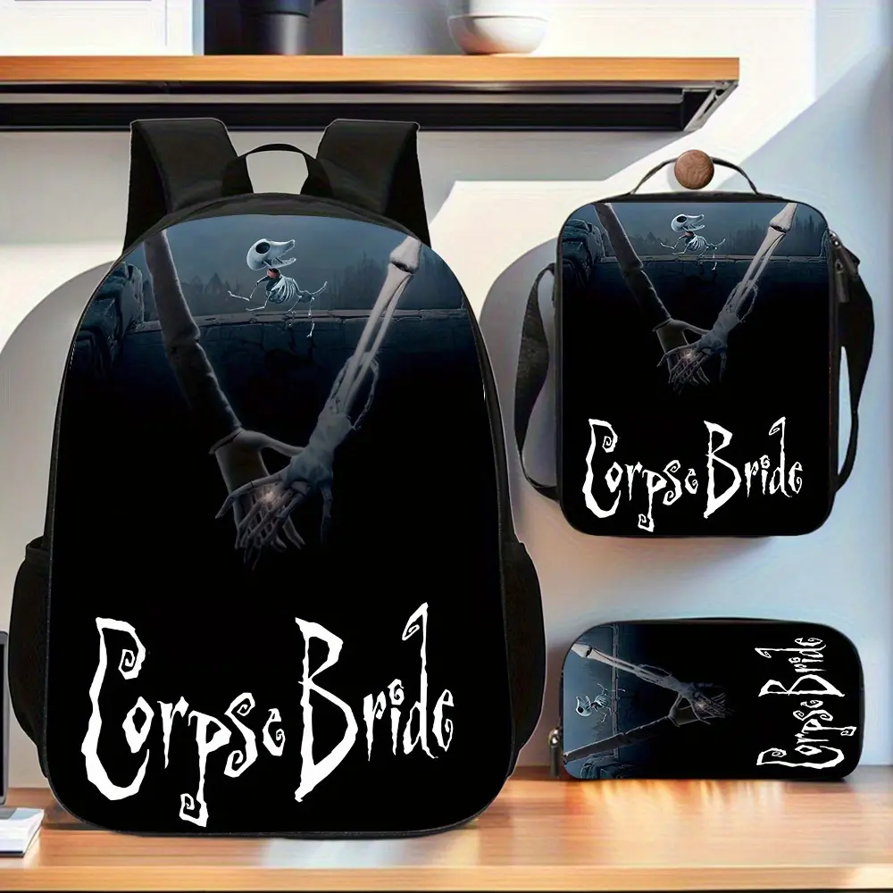 Zombie Bride Gothic Retro Font Pure Black Three-Piece School Bag Set, including a backpack, insulated lunch bag, and stationery storage bag, suitable for daily use by teenagers