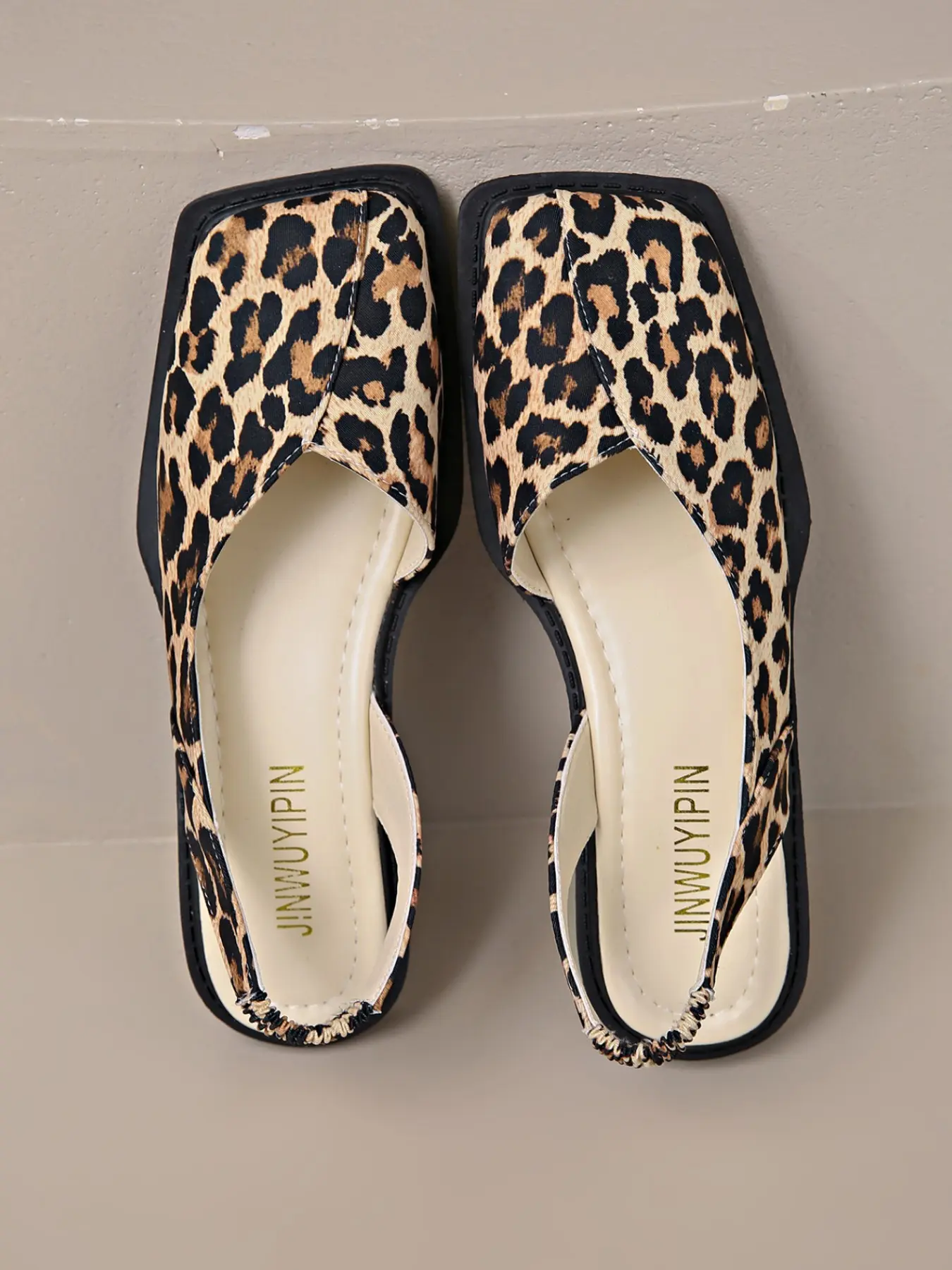 Women's Square Toe V-Cut Leopard Print Slingback Mules Elastic Stretch Back Strap Low Flat Sole Retro Streetwear Casual Slip On Flats