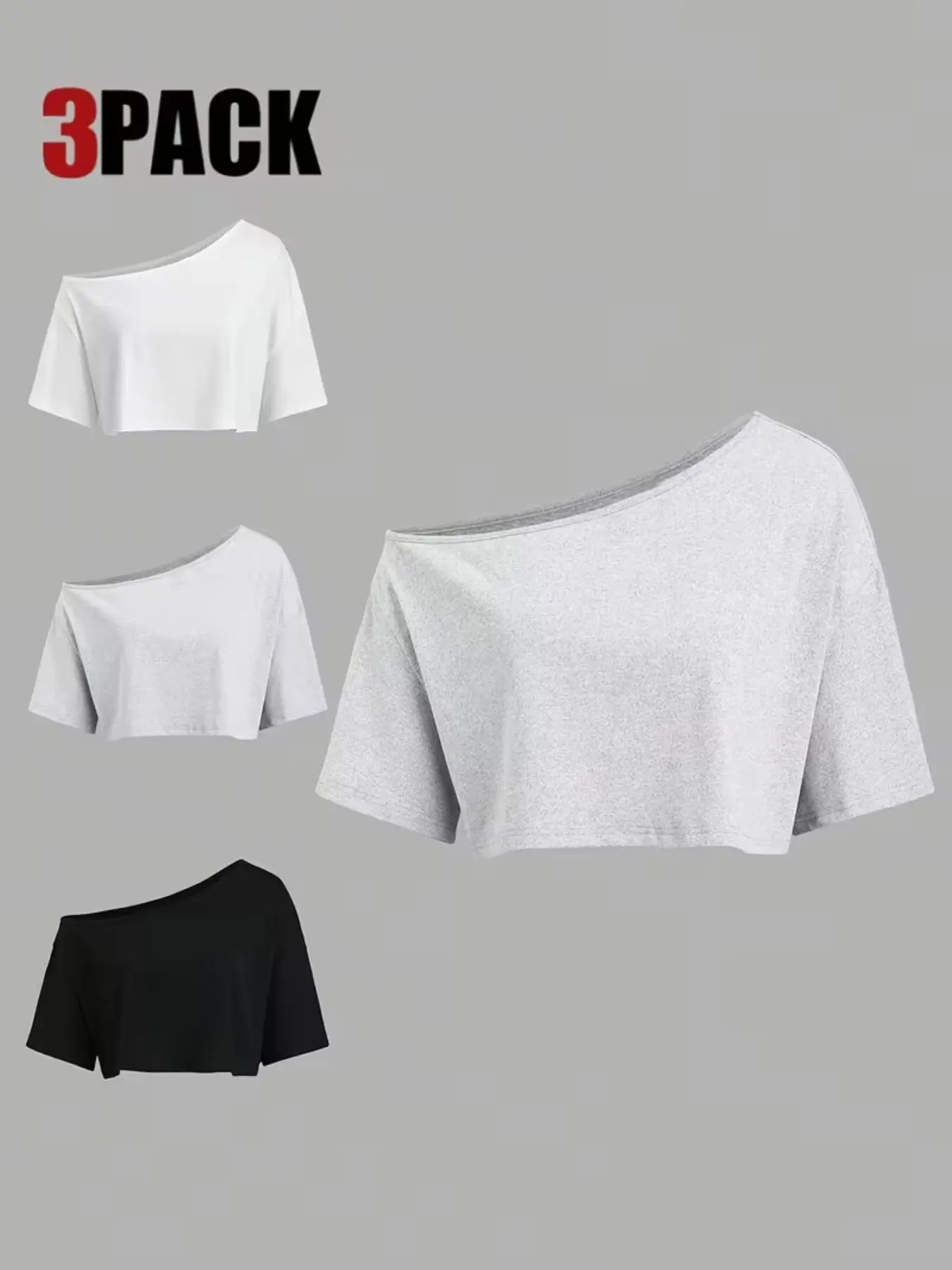 3-Pack Solid Asymmetrical Off-The-Shoulder Short Top, Casual Short Sleeve Tee, Women's Fashion Clothing, Comfortable and Stylish, Casual Summer Chic