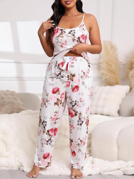 Plus Size 3-Piece Set Floral Print Belted Lounge Robe & Cami Top & Elastic Waist Pants Pyjama Set, Elegant Comfy Women's Sleepwear for Spring & Fall