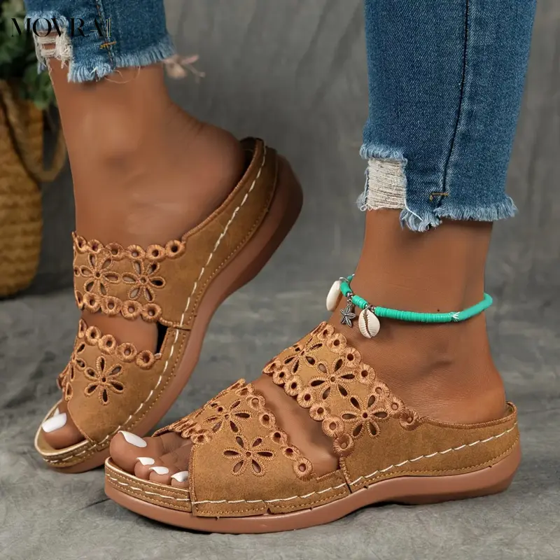 MOVRA1 [Floral Cutout Sandals] Comfortable Women's Brown Leather Slide Sandals - Open Toe, Floral Cut-Out Design, Soft TPU Sole, Footwear Casual Wear