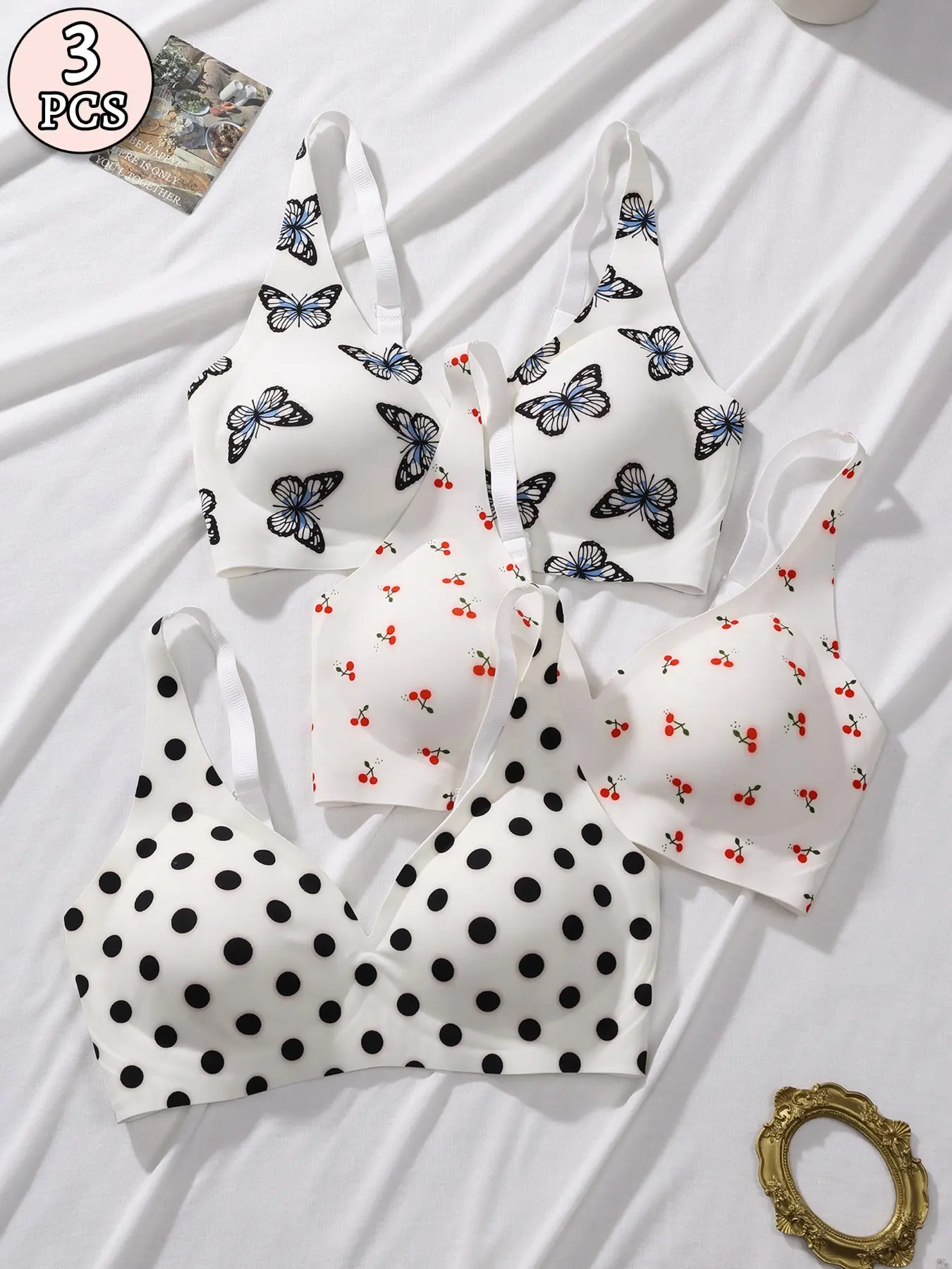 Cool Lightweight Jelly Support Printed Bra, Wireless Push Up Bralette with Adjustable Straps Back Closure, Breathable No Sweat Comfort Bra for Spring Summer Wear, Non Wire Bra