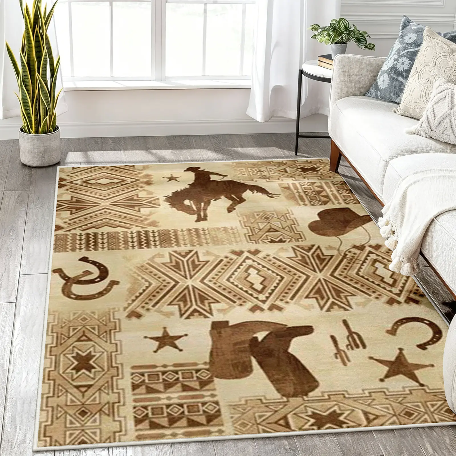 8x10ft Modern Western Collage Area Rug - Southwestern Cowboy Patchwork Indoor Carpet, Soft Non-Slip Machine Washable Stain-Resistant Low-Pile Floor Covering, Aesthetic Living Room Bedroom Decor, 8X10ft Size