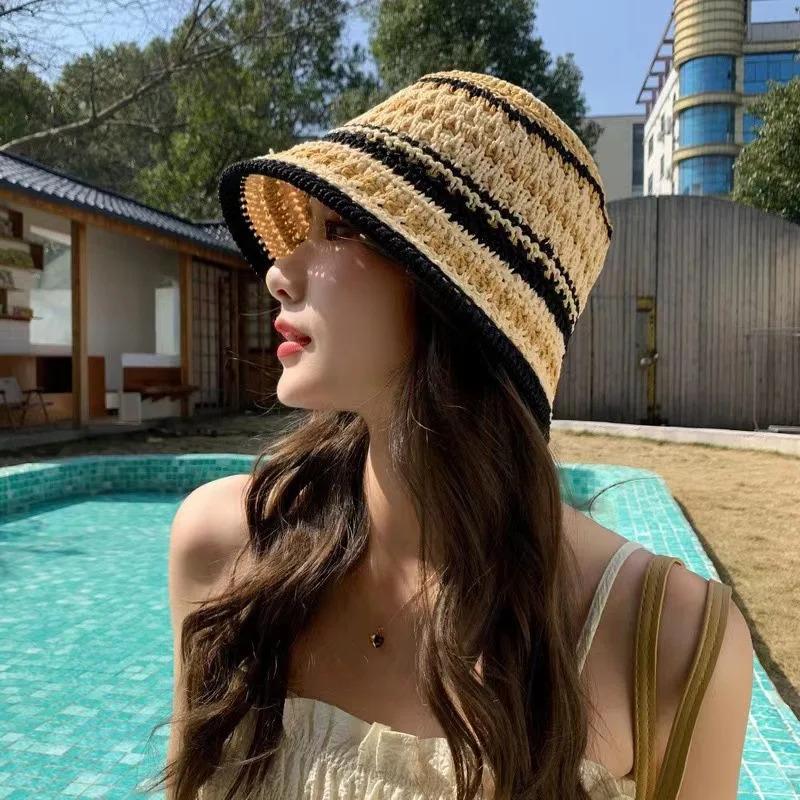 1pc Women's Summer Striped Colorful Openwork Fisherman Hat,Knitted Bowl,Breathable Thin Foldable Sun Bucket Hat for Tralve,party