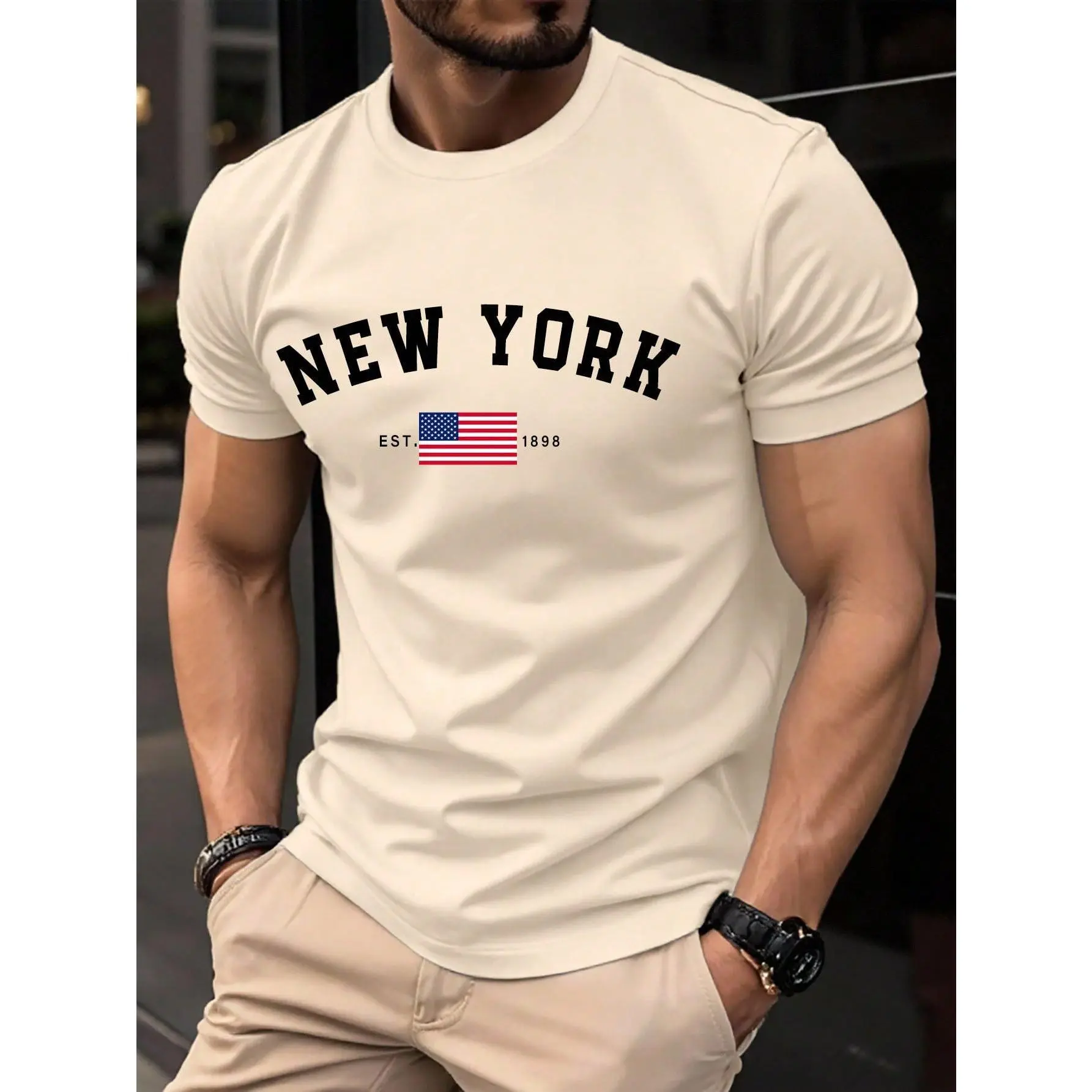 Men's Letter And US Flag Printed Casual Round Neck Short Sleeve T-Shirt, Versatile For Summer