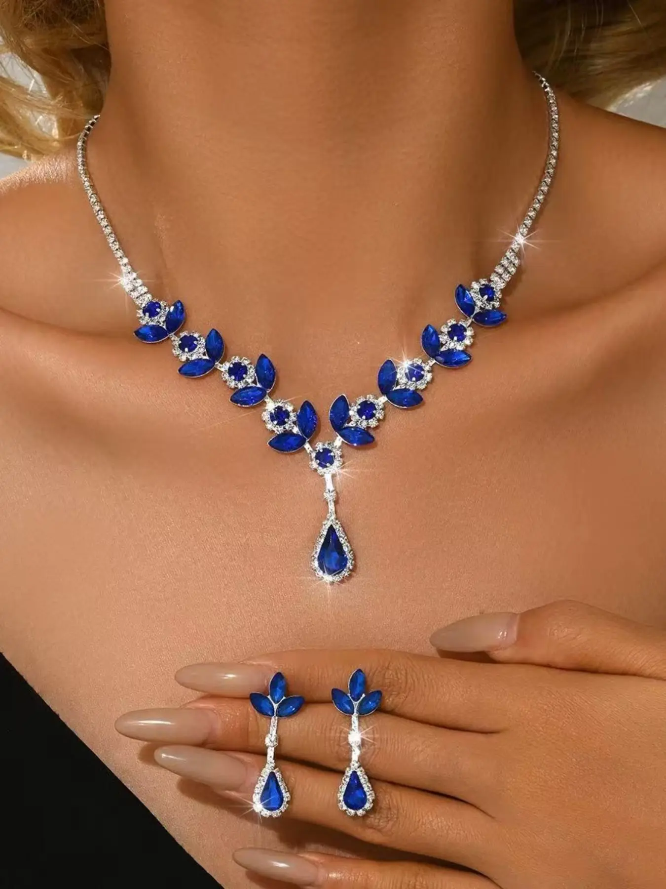 Vintage Courtly Feng Shui Blue Diamond Full Setting Elegant Jewelry Set, Luxury Rhinestone Necklace Earrings Kit, Wedding Dress Luxe Jewelry Set