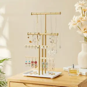 Jewelry Holder Organizer Necklace Display: Metal Aesthetic Room Decor Tree Stand for Necklace Bracelet Hanger and Earrings Storage beautiful jewelry tower for mom wife girlfriend (Gold)Gift.