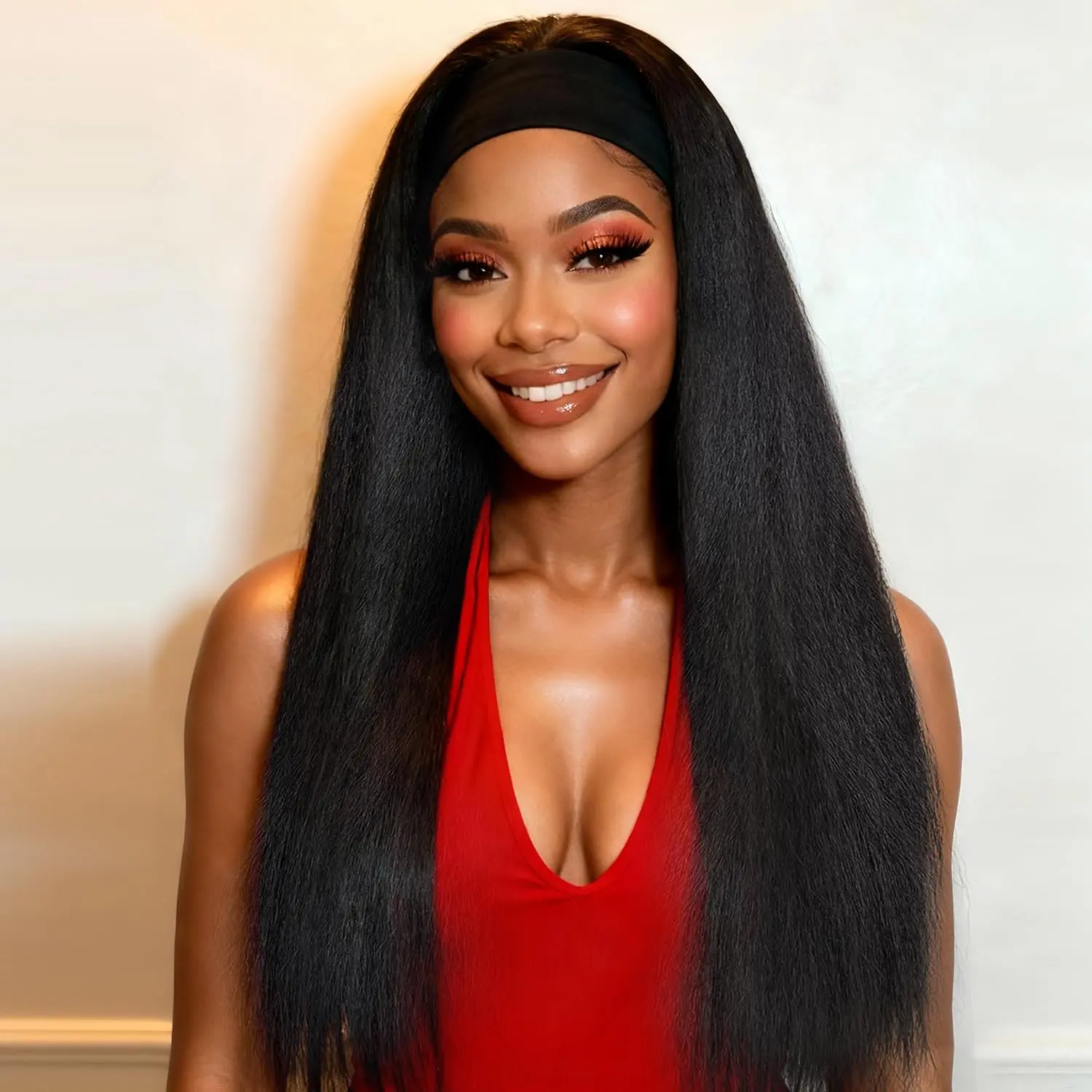 Headband Wig For Black Women Kinky Straight Headband Wig Human Hair 180% Density Yaki Straight Headband Wigs Wear and Go Glueless Wig Human Hair Machine Made  Black (16in)