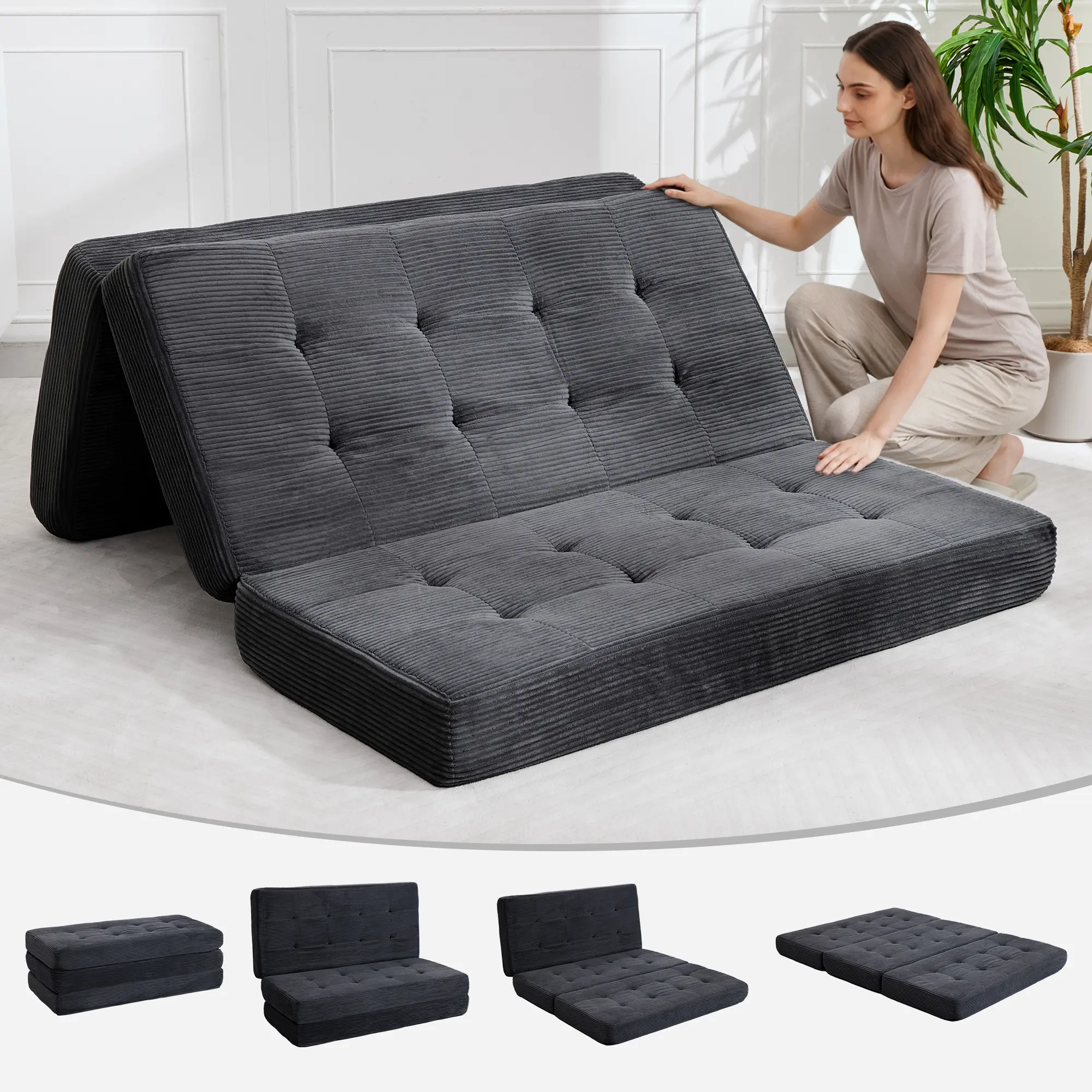 Tri-Fold Convertible Sofa Bed – 6" collapsible Floor Mattress & Ottoman – Tufted Chenille & Corduroy, Twin Size – Portable, Space-Saving Futon for Bedroom, Camping, RV, Adults