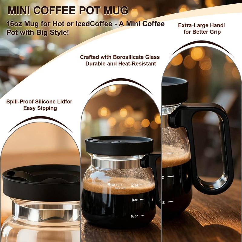 Tiny Brew Coffee Mug in Coffee Pot Shape 4” Tall – Compact 16 Oz Glass Carafe Design with Sip Lid | Fun Gift for Coffee Lovers | Cute, Compact Novelty Mug Small Size Cute Coffee Pot Shaped Coffee Mug Size 4" Tall x 3.75" Wide,Valentine's Day gift