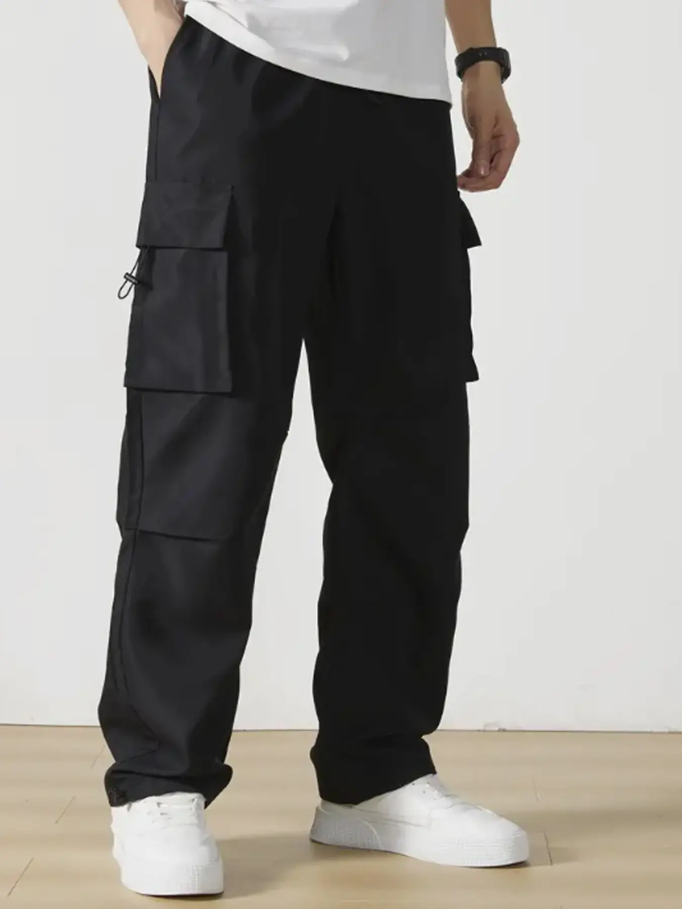 Men's Street Style Workwear Casual Pants, Loose Fit Wide Leg Long Pants, Drop Waist Design, Multiple Pockets, Comfortable & Trendy