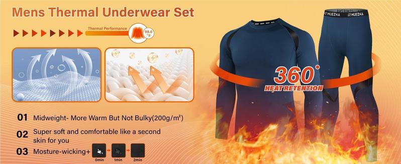 Muezna Men's Thermal Top and Bottom Set Underwear Long Johns Base Layer with Soft Fleece Lined Fabric Black with White Accents