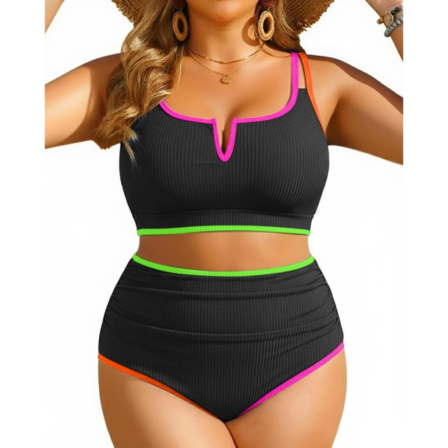 Women's Plus Size High Waisted Ribbed Bikini Set - Tummy Control Two Piece Swimsuit V-Wired Bathing Suit 2026 Swimwear(Gift)