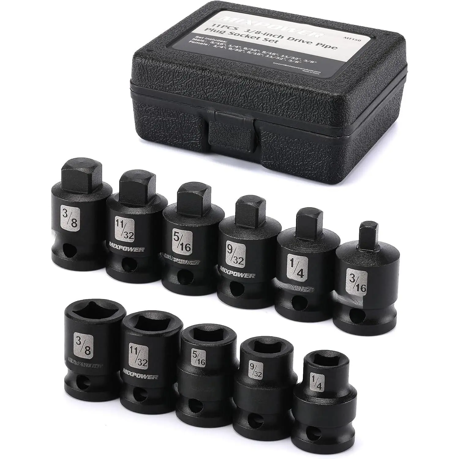11 count 3/8-inch Drive Pipe Plug Socket Set, SAE, CR-MO, Tapered Male Square Drive, Chamfered Female Square Drive