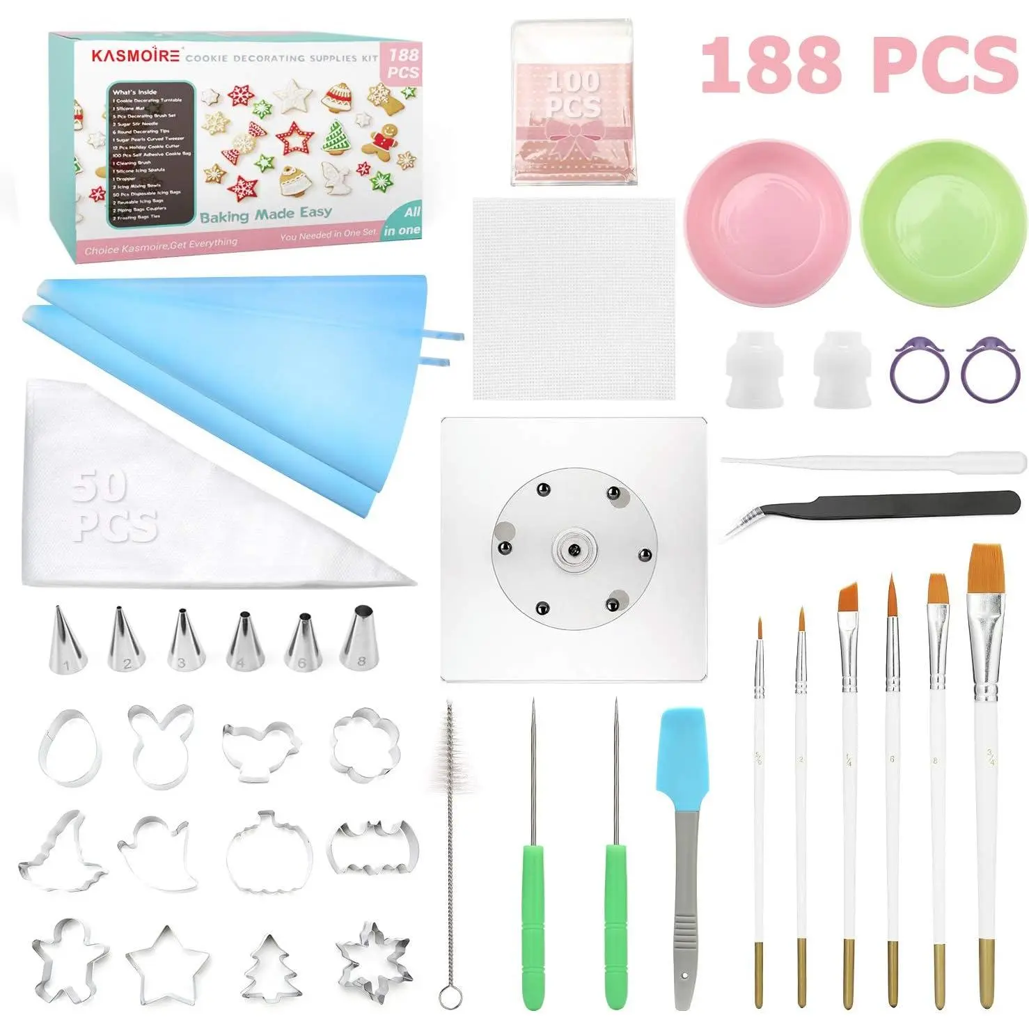 188 PCS Cookie Decorating Kit with Turntable, Piping Bags, Icing Tips, Decorating Brushes, Cookie Cutters & Baking Tools for Sugar Cookies, Holiday Baking & Beginners