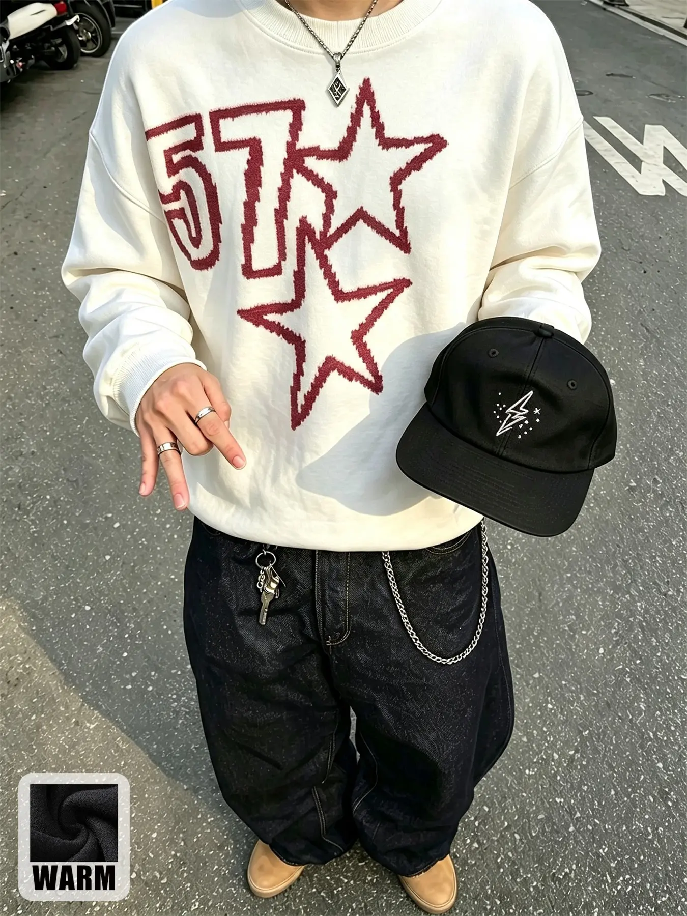 Unisex 57 Star Jagged Print Crew Neck Fleece Sweatshirt American Retro Oversized Drop Shoulder Warm Pullover Multiple Colors