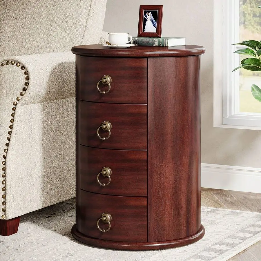 Solid Wood End Table, Round Side Table With 4 Drawers, Vintage Bedside Table Nightstand Small Spaces, Living Room, Bedroom, No Assembly Required