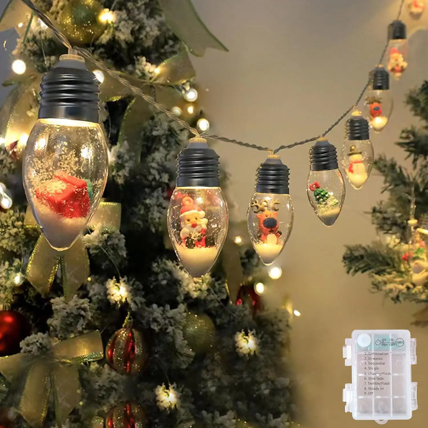 Snow Globe Christmas Lights Indoor 2 count 7FT Christmas String Lights  Operated with Timer, 10 LED  Bulb Light with Cute Ornaments for Bedroom Tree Fireplace Garden Party Xmas Decorations