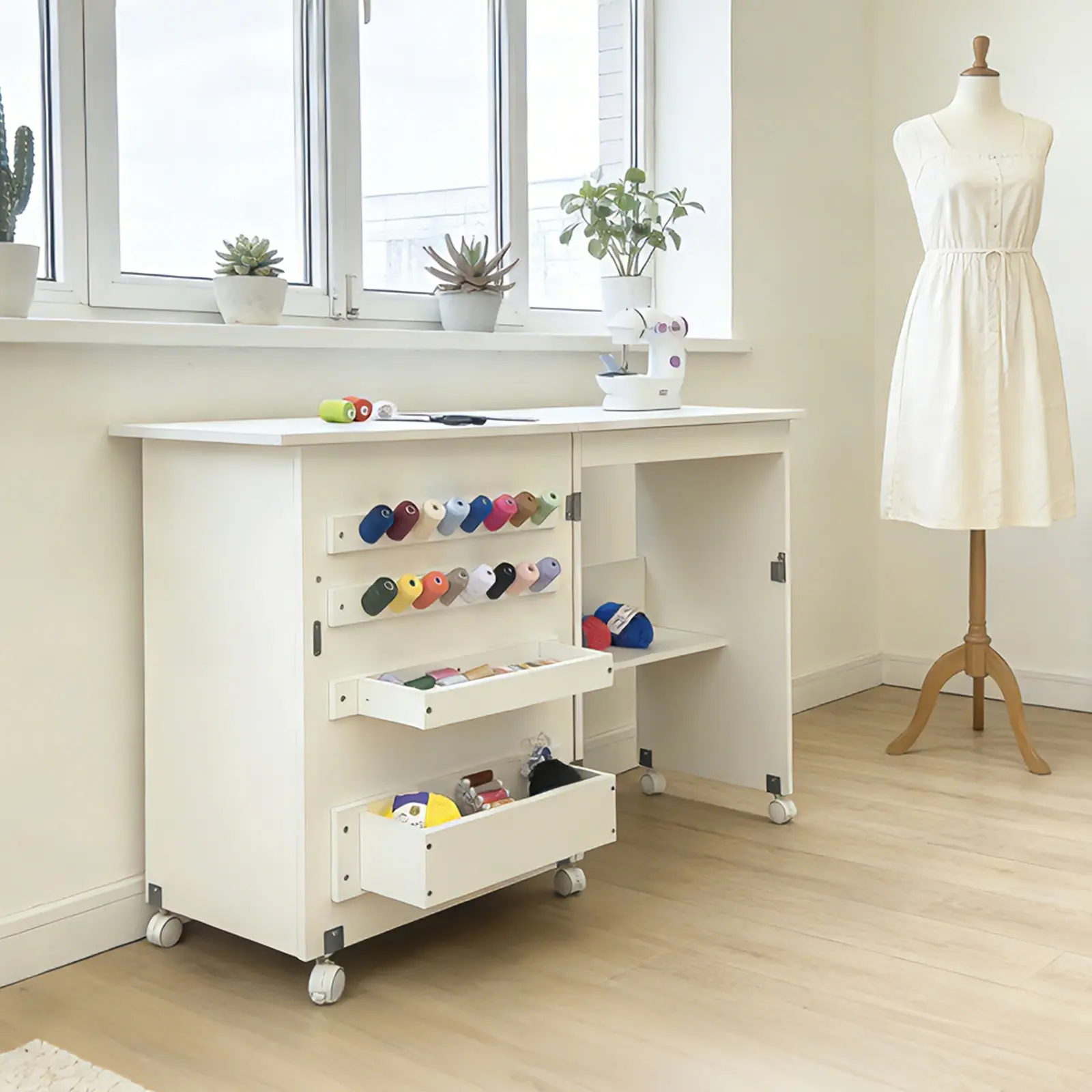 Foldable Sewing Machine Table - Compact Adjustable Rolling Office Commercial Furniture, 5-Wheel Lockable Base, Multi-Wheeled Space-Saving Crafting Station with Storage Shelves, 2 Parts Trays, Pegs, Magnetic Lock, Assembly Required, Rolling Tables