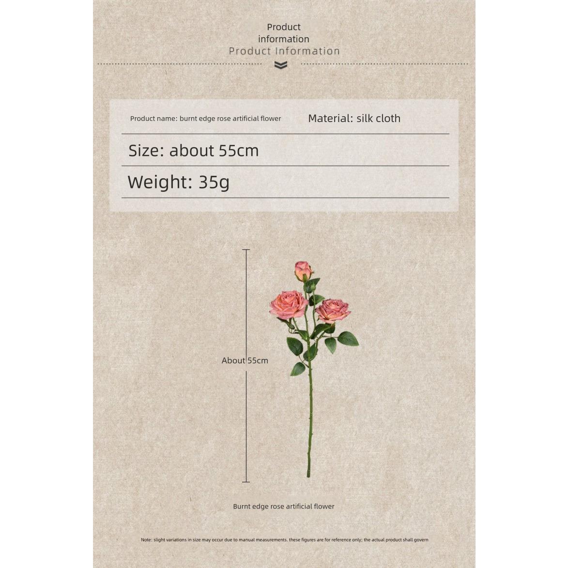 French Style Artificial Single Branch 3-Head Burnt Edge Rose Vintage Home Living Room Decoration Fake Dried Flower Bouquet High-End Feel