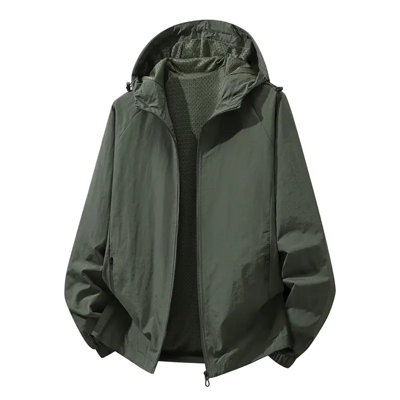 Men's Hooded Lightweight Outdoor Windbreaker Coat - Menswear Long Sleeve Top, Breathable Mesh Lining, Adjustable Drawstring Hood, Zipper Pockets, Elastic Cuffs, Wrinkle-Resistant Thin Fabric, Relaxed Fit for Spring Autumn Hiking, Stylish Layered Outfits