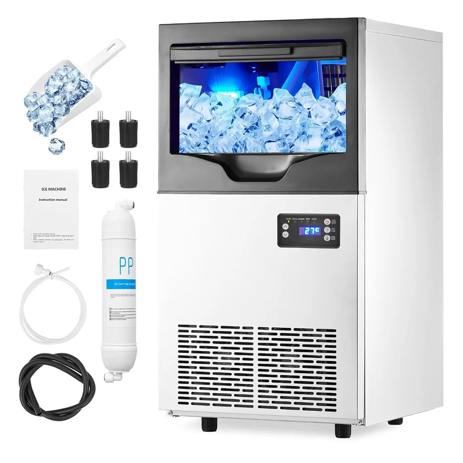 [Fast Ice] 100LBS/24H Commercial Ice Maker Machine with 35LBS Storage Bin, Freestanding Stainless Steel Ice Machine for Home Bar, Party & Restaurant, 40 Clear Cubes in 8 Mins!