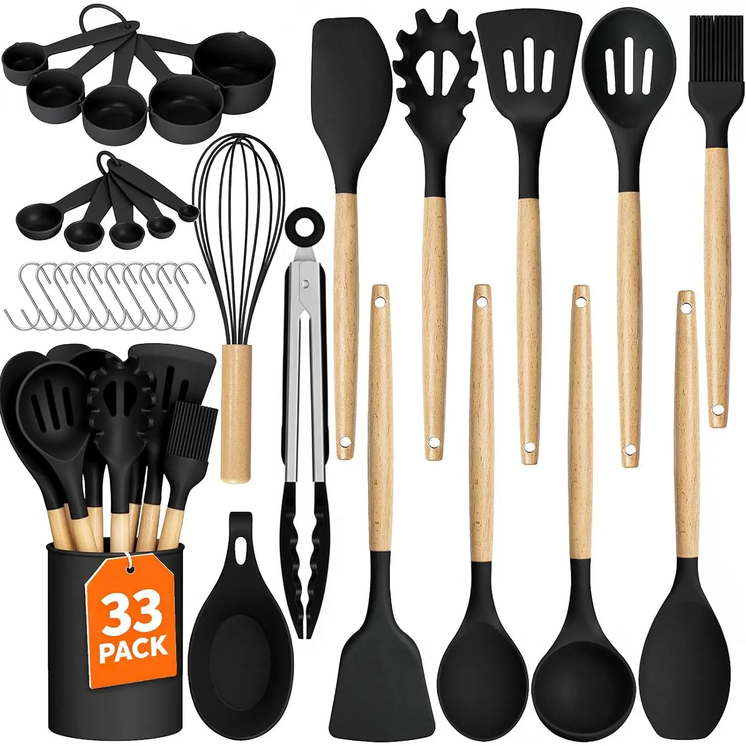Kitchen Utensils Set - 33 count, Heat-Resistant  Cooking Utensils Set with Wooden Handle,  Kitchen Gadgets Spatula Sets with Holder for Nonstick Cookware (Black)