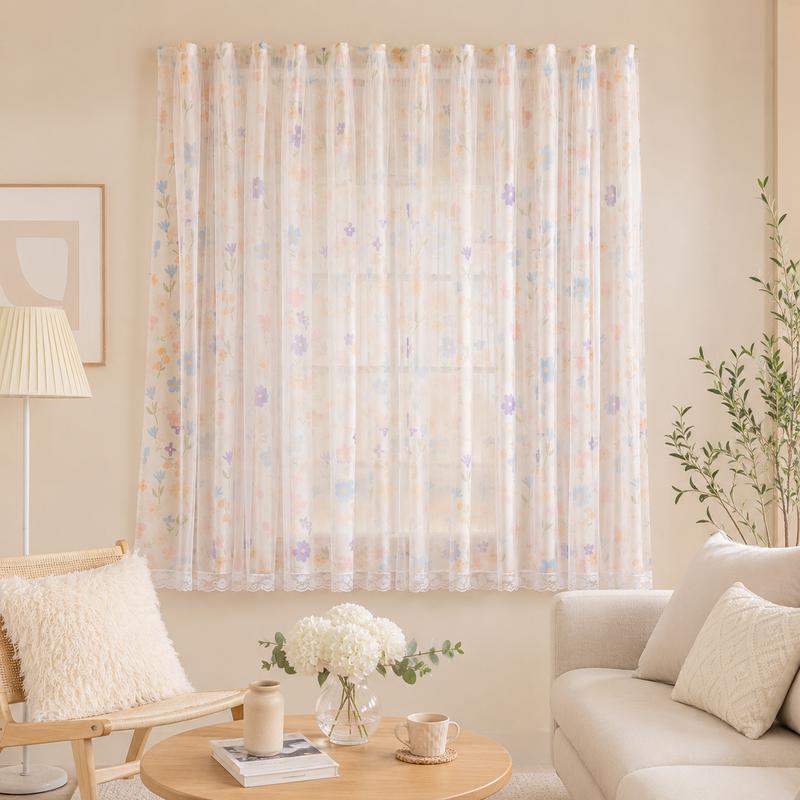 Classic Lightweight Lace Curtain - Single Panel Sheer Cover with Lace Trim, Pastel Floral Pattern Deco Curtain for Windows, Home Decor Accessory for Bedroom