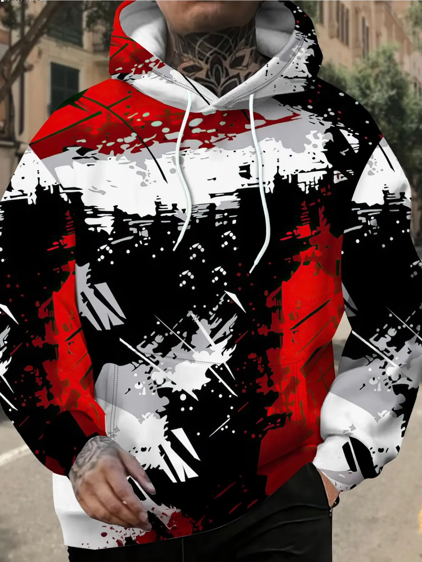 Men's Street Style Abstract Art Digital Print Hoodie, Casual Long Sleeve Pullover, Fitted H-Type, All Seasons Fashion Jacket
