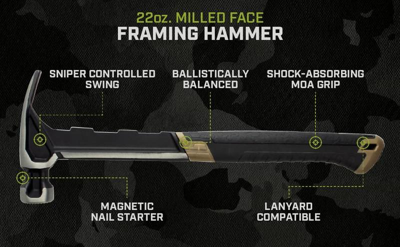 Tools Framing Hammer, 22 oz, Rip Claw, Milled Face, Shock-Absorbing Grip, 3% Donated to Veterans Black/Tan