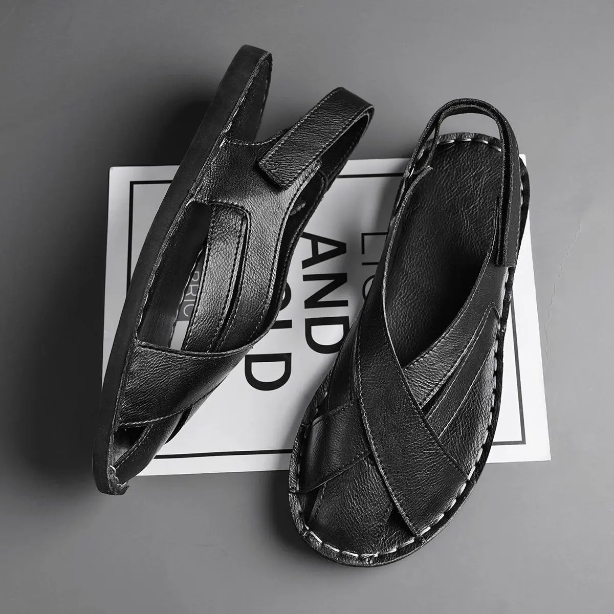 Men's Stylish Summer Footwear - Hand-Stitched Retro Roman Style Slip-On Leather Closed-Toe Sandals, Minimalist Waterproof Rubber Slippers for Big Size Wide Fit Outdoor Use