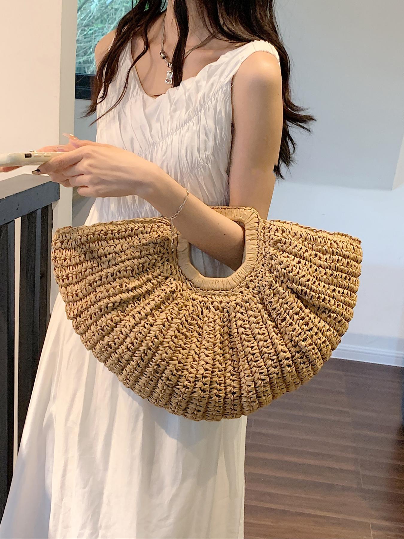 Women's 2026 Summer Large-Capacity Bohemian Straw Handbag, Casual Trendy Versatile Plain Color Bag for Travel and Daily Use