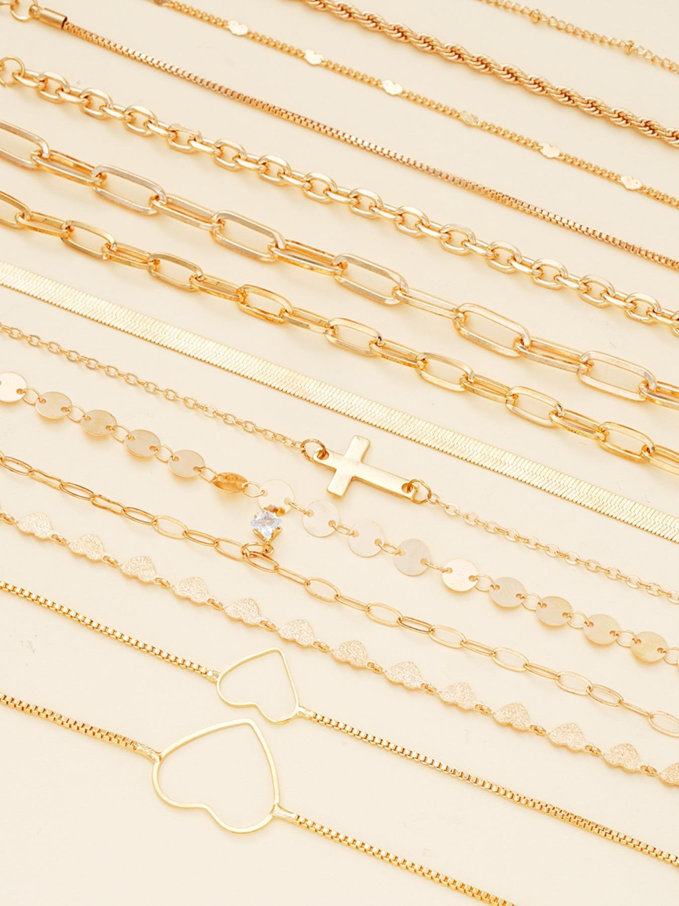Women's Elegant Stackable Bracelets Set, 14pcs/set Cross & Heart Design Link Bracelet & Chain Bracelet, Fashion Casual Trendy Jewelry for Party, Daily Decor, Trendy All-match & Exquisite Jewelry for Birthday Gift