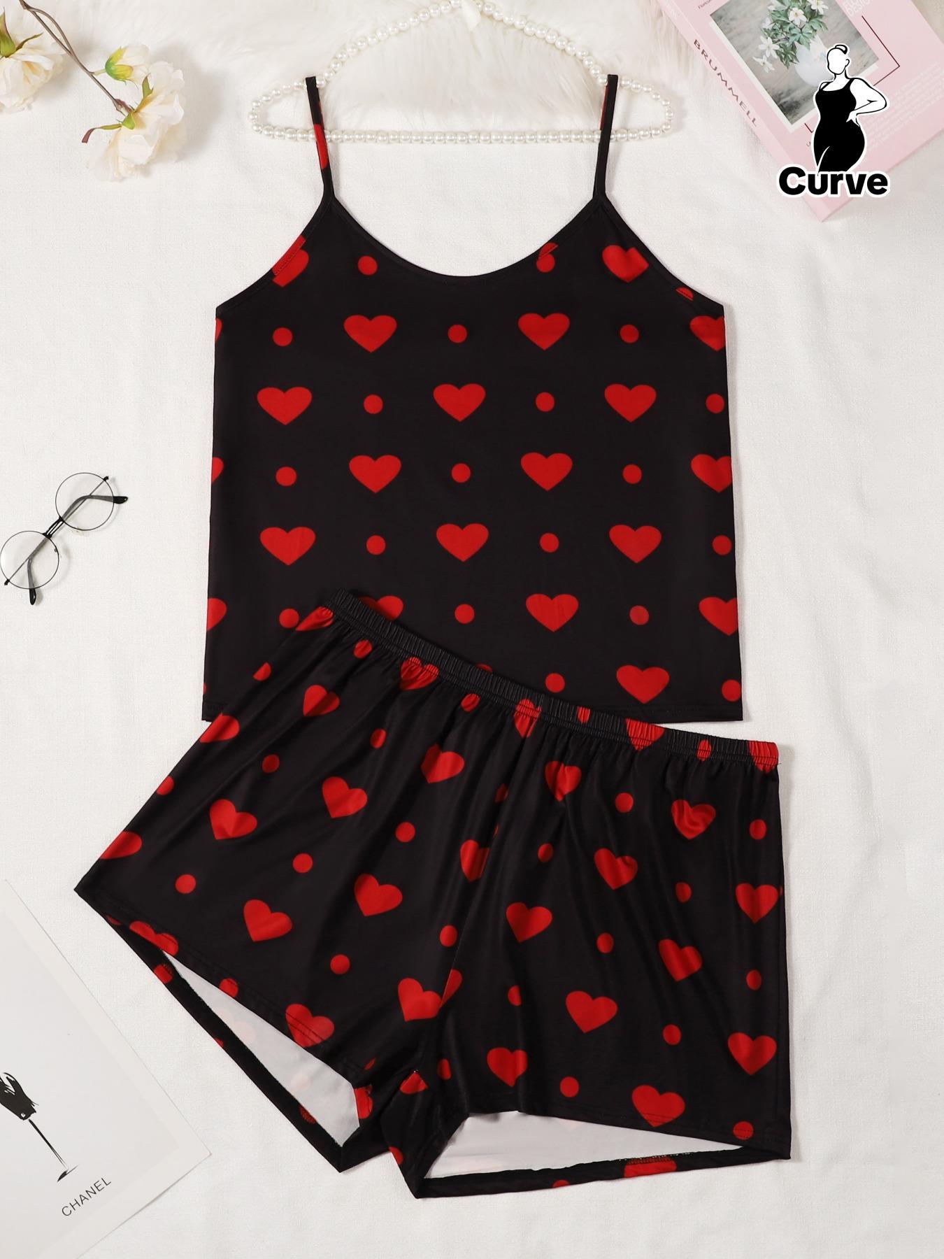【Plus Size】 Heart Polka Dot Print Pyjama Set, Casual Spaghetti Strap Cami Top & Elastic Waist Shorts Pj Set, Women's Sleepwear & Loungewear
