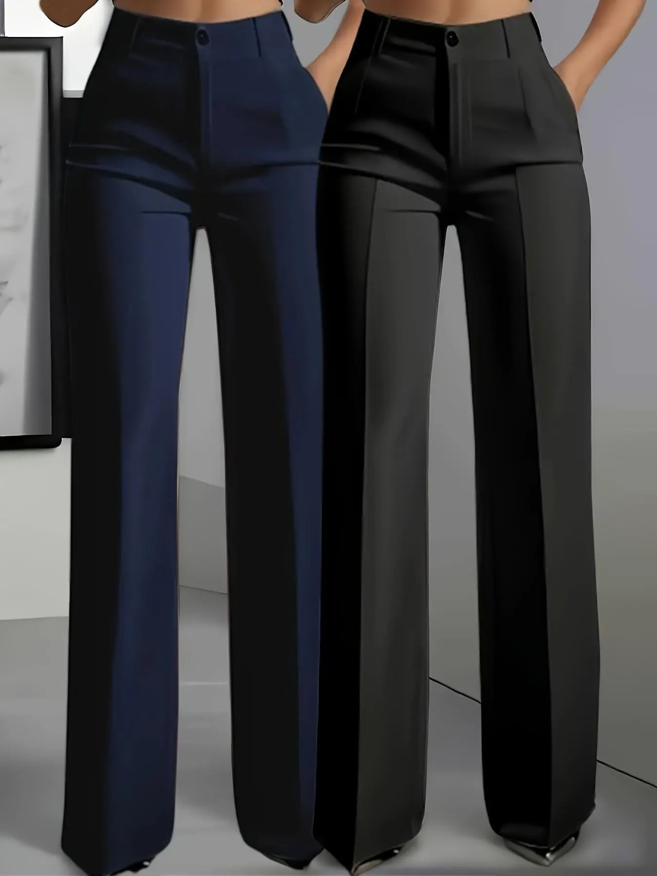 2-Pack Women's Elegant Solid Color Straight Leg Pants, Zipper Fly, High Waist, Pockets, Casual Business, All Seasons