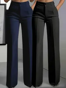 2-Pack Women's Elegant Solid Color Straight Leg Pants, Zipper Fly, High Waist, Pockets, Casual Business, All Seasons