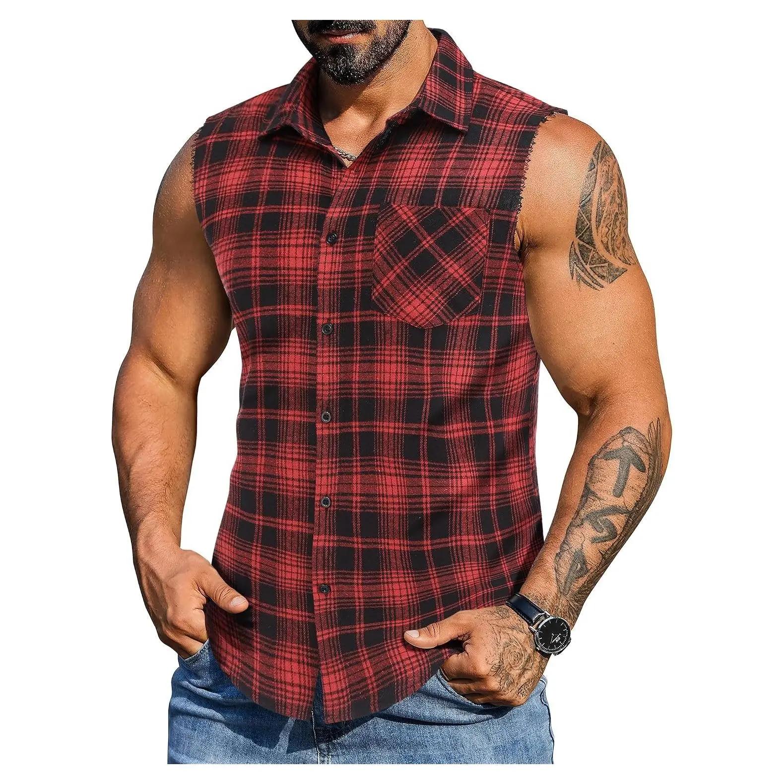 Men's Lightweight Sleeveless Flannel Button-Up Plaid Shirt, Raw Edge Summer Beach Tank Top with Chest Pocket, Classic Buffalo Plaid for Daily Wear, Cowboy Costume & PartiesGift