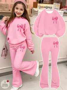 Girls' Cute Sweet Princess Bow Round Neck Loose Sweatshirt and Bell Bottom Pants Set, Fall & Winter Casual Fashion Clothing Sets, Fashion Style Sets