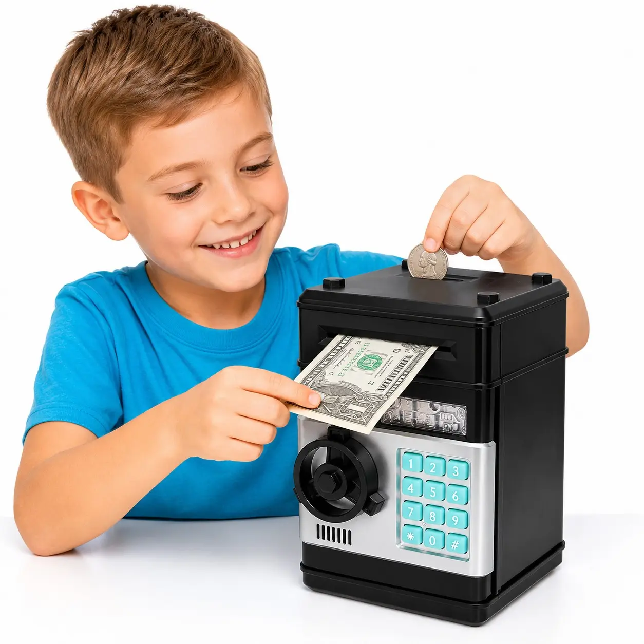 Electronic ATM Piggy Bank with Auto Grab Bill & Password Lock, Large Capacity Money Saving Box for Kids Boys Teens Adults, Cool Cash Coin Bank Gift, Coin Savings Bank