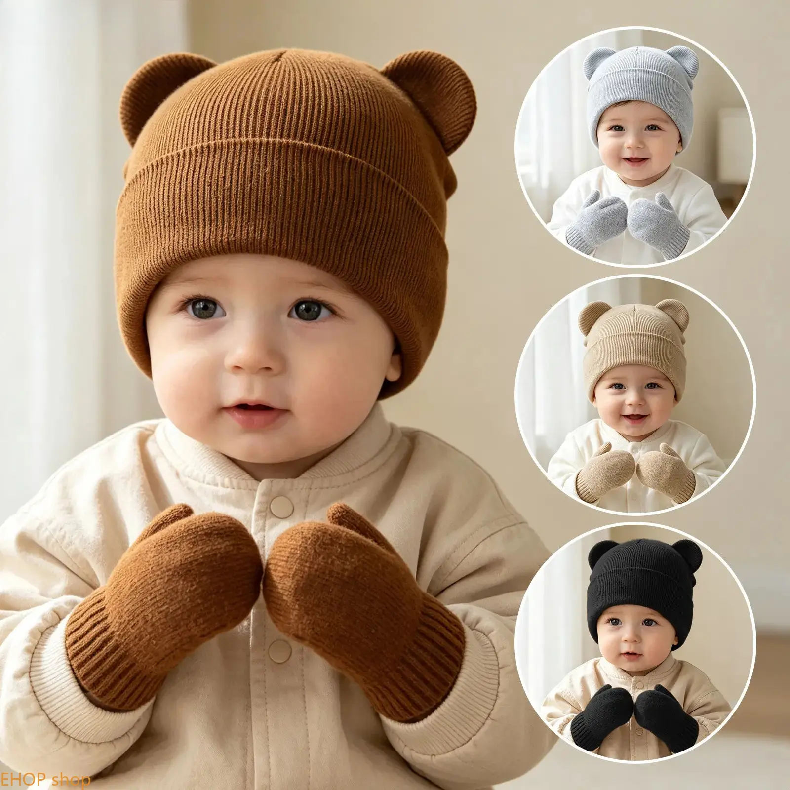 Cute Bear Ears Beanie & Mittens Set, Soft Ribbed Knit Thermal Winter Accessory, Warm Anti-Scratch Outdoor Headwear, Ideal Holiday Gift