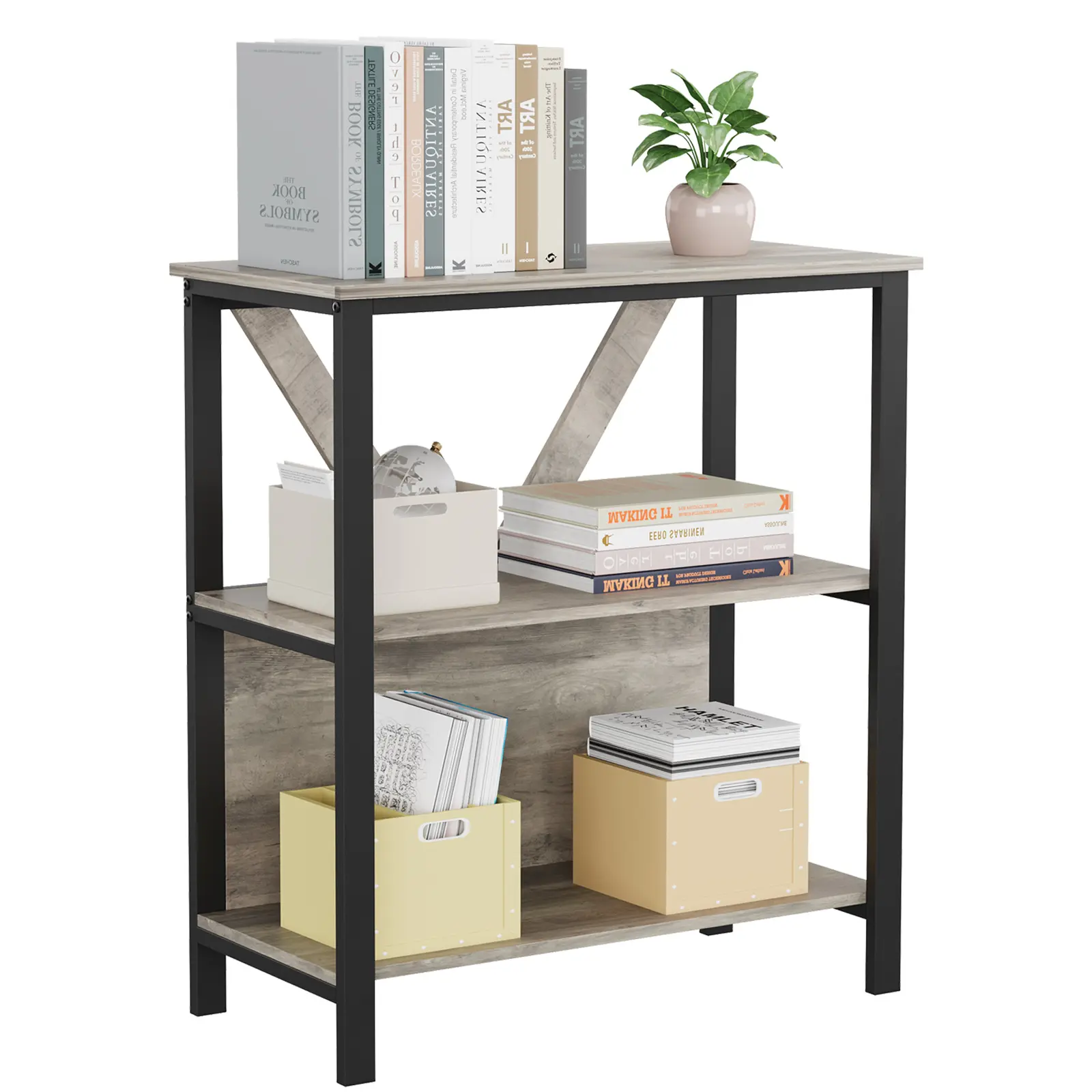 Industrial Bookshelf with Dimmable RGB Adjustable LED Lights – 3/4/5-Tier Metal & Wood Open Bookcase – Modern Freestanding Storage Shelf for Home Office, Living Room, Bedroom, Study