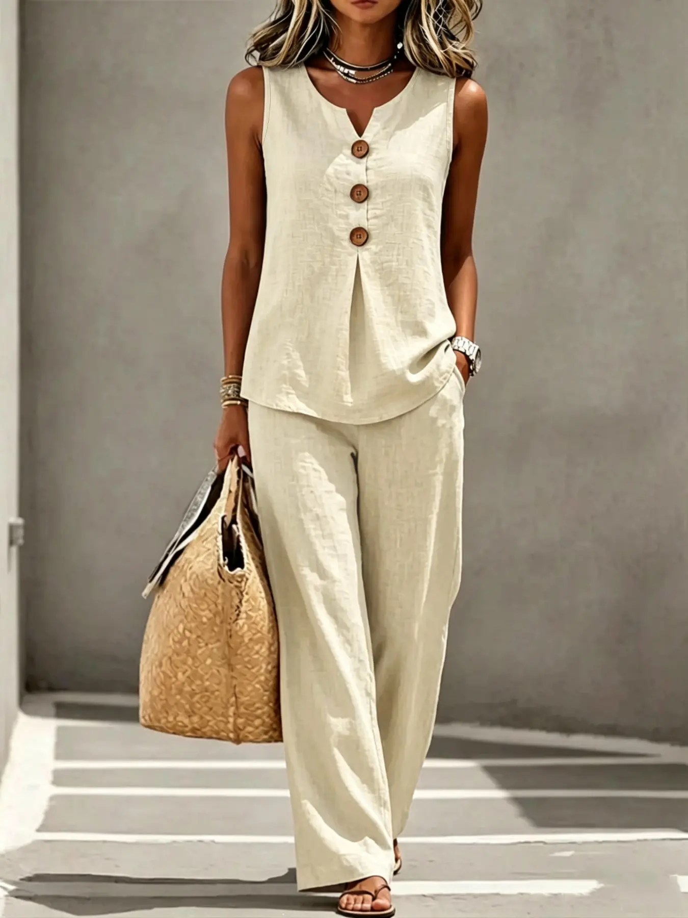Women's V-Neck Buttonless Sleeveless Tank Top and Long Pants Set, Two-Piece, Casual Summer Fashion, Comfortable and Stylish
