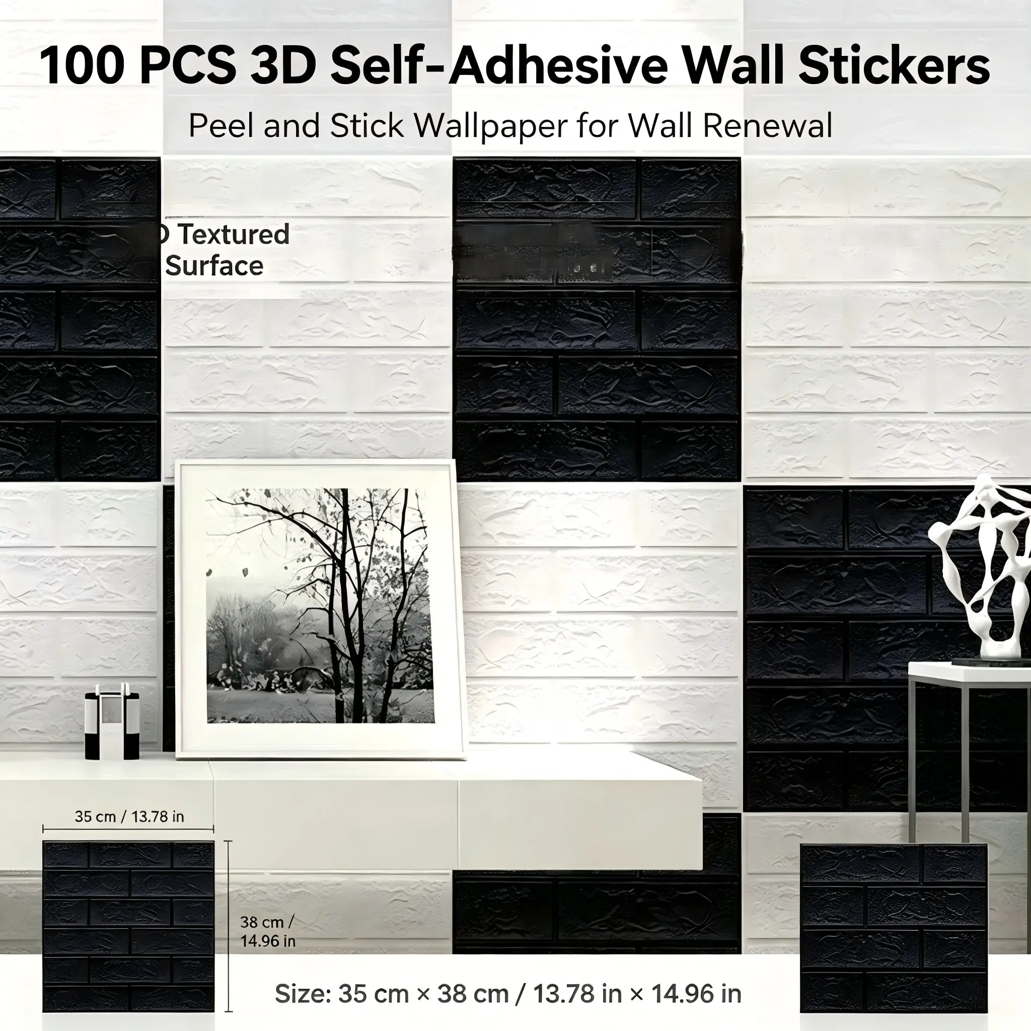 100 Sheets 3D Vinyl Brick Wallpaper, Decorative Wallpaper, Washable Self-Adhesive, No Glue, Multi-Space Design, Versatile Home Decor