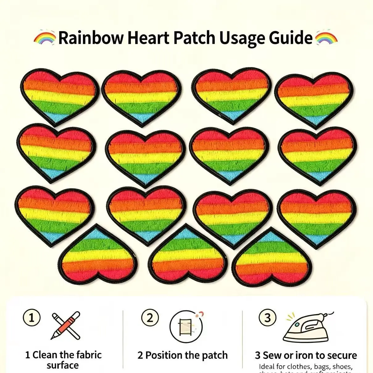 Rainbow Little Heart Pattern Iron-On Embroidery Patch - Fun Design - Easy to sew or iron, durable fabric patch, suitable for personalizing jackets, bags, and more